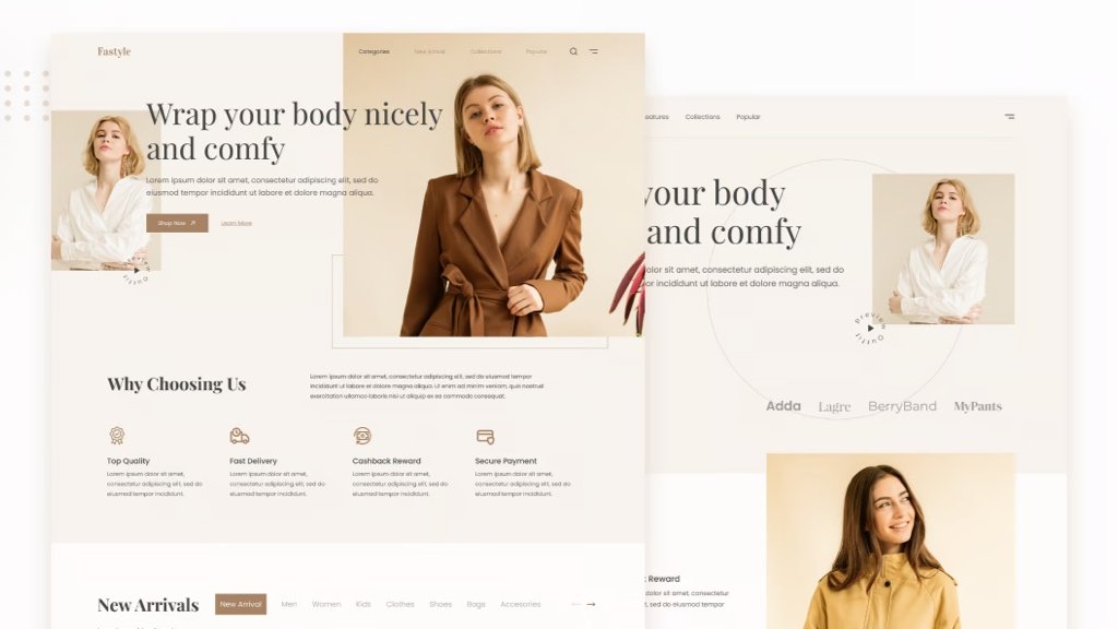 ¡Construye tu tienda de ropa en línea y presencia digital! Sitio web de marca de moda moderna mostrado en una computadora portátil y teléfono